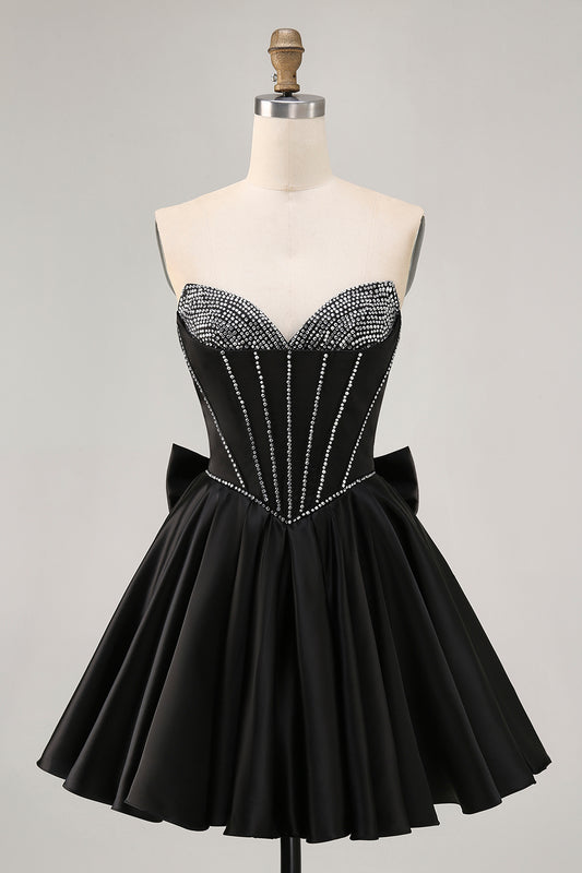 Sparkly Black Satin Corset Short Homecoming Dress with Bow
