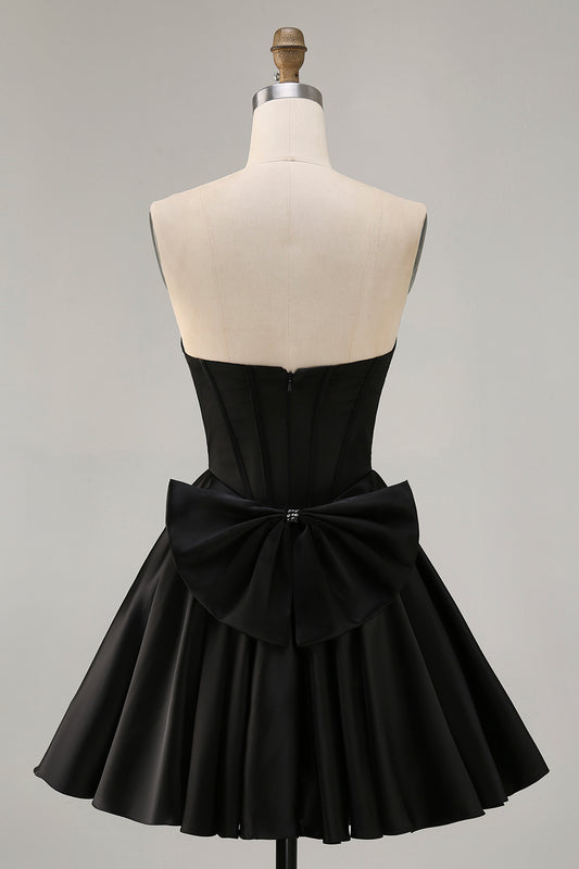 Sparkly Black Satin Corset Short Homecoming Dress with Bow