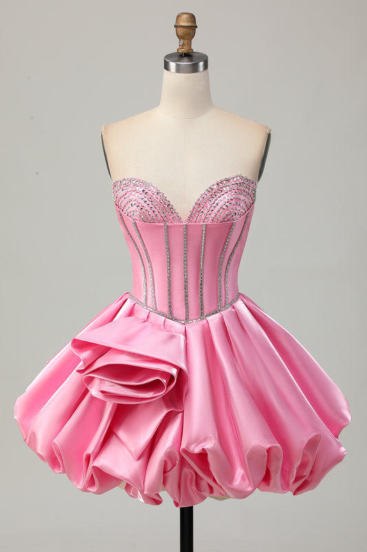 Sparkly Pink Corset Strapless Short Homecoming Dress with Rhinestones
