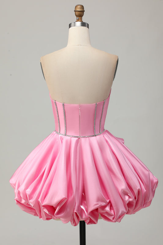 Sparkly Pink Corset Strapless Short Homecoming Dress with Rhinestones
