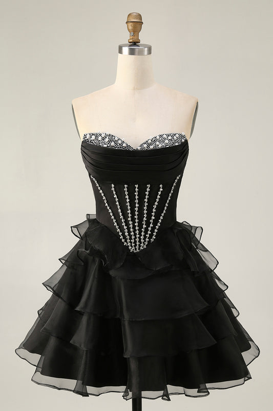 Sparkly Black Corset Tiered Short Homecoming Dress with Beading