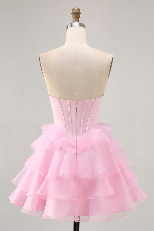 Sparkly Pink Ruffled Short Corset Homecoming Dress with Beading