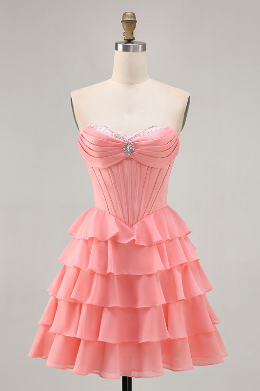 Sparkly Blush Sweetheart Short Corset Homecoming Dress with Ruffles