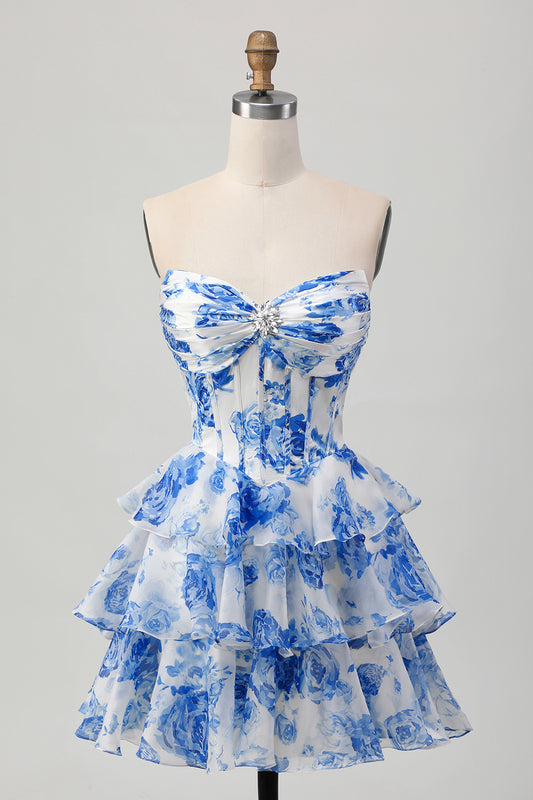 Sparkly White and Blue Floral Corset Short Homecoming Dress with Rhinestones A Line Strapless Tiered Ruched Cocktail Dress with Ruffles