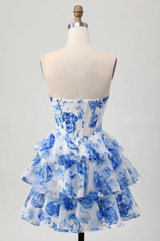 Sparkly White and Blue Floral Corset Short Homecoming Dress with Rhinestones