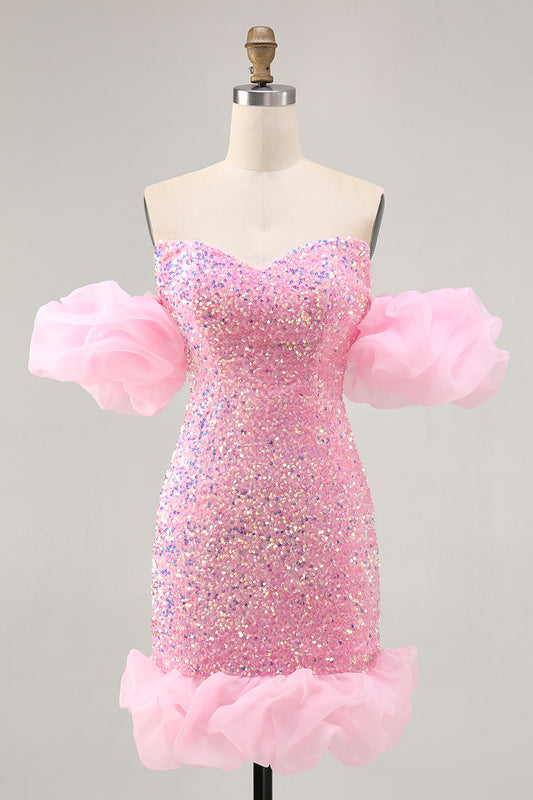Sparkly Pink Sequins Detachable Puff Sleeves Tight Short Homecoming Dress