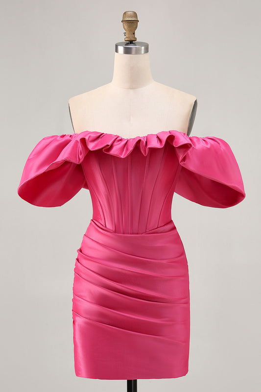 Fuchsia Tight Satin Short Corset Homecoming Dress with Ruffles