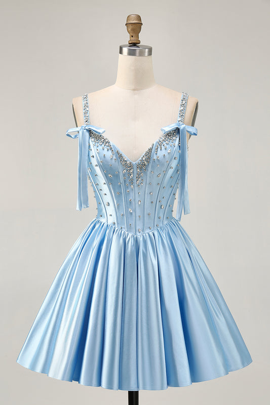 Sparkly Blue Corset A Line Short Homecoming Dress with Rhinestones