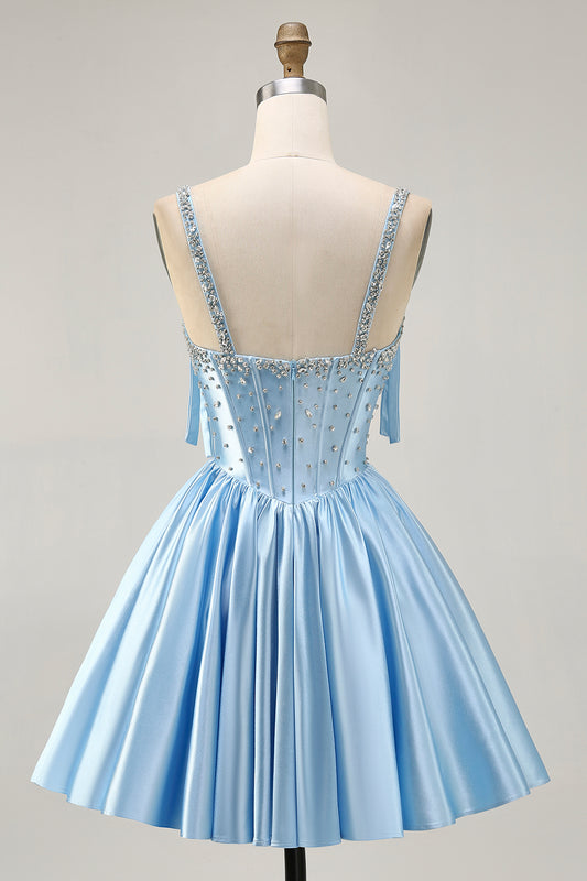 Sparkly Blue Corset A Line Short Homecoming Dress with Rhinestones