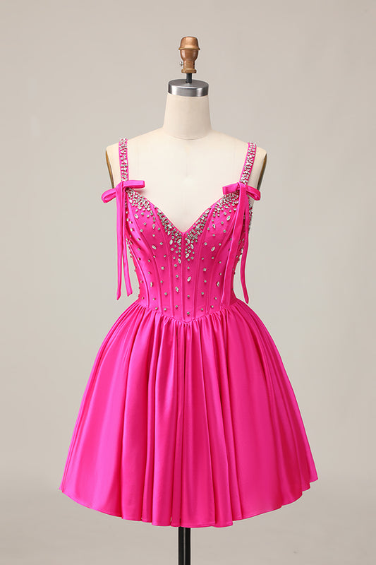 Sparkly Fuchsia Short Corset Homecoming Dress with Rhinestones