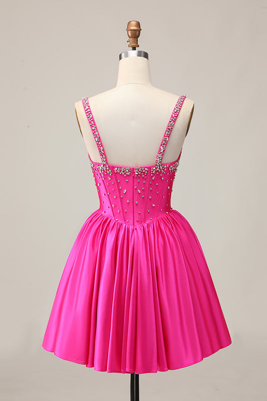 Sparkly Fuchsia Short Corset Homecoming Dress with Rhinestones