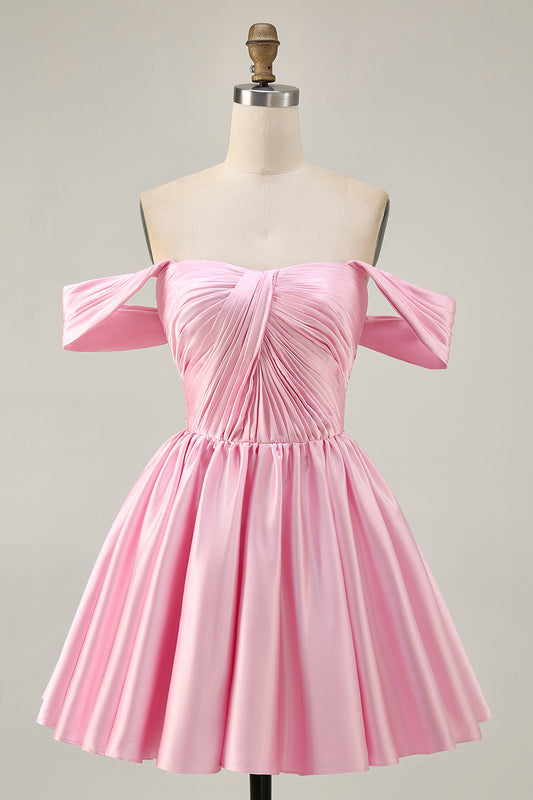 Pink Off the Shoulder Satin A Line Short Homecoming Dress