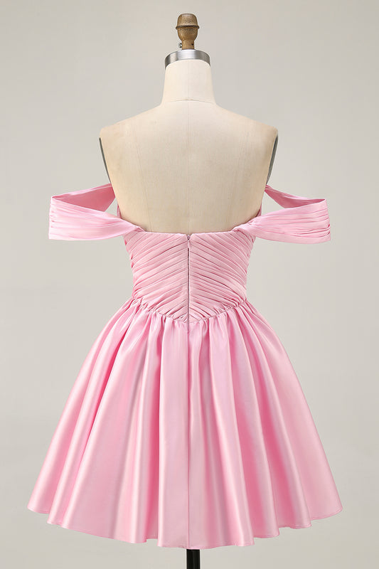 Pink Off the Shoulder Satin A Line Short Homecoming Dress