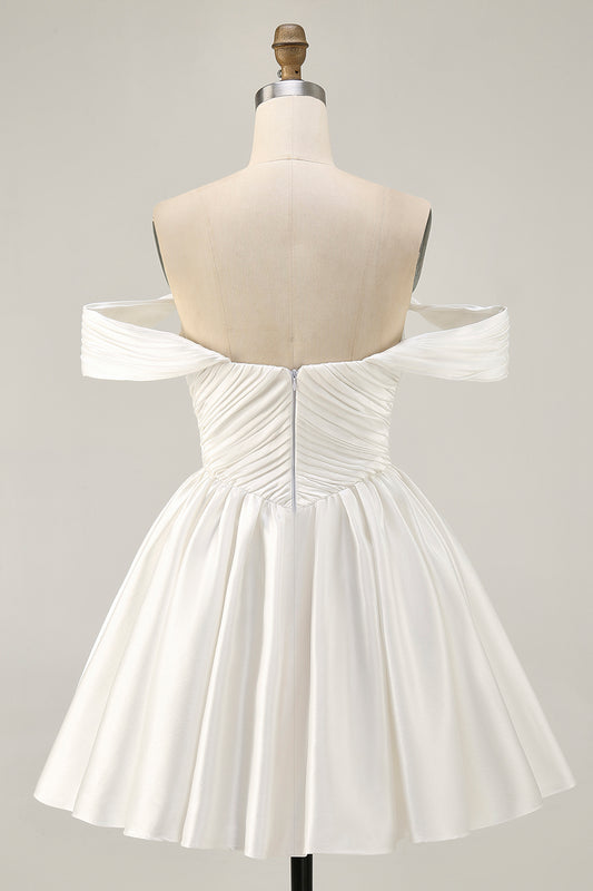 White Satin Off the Shoulder A Line Short Homecoming Dress