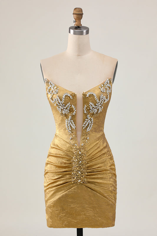 Sparkly Golden Strapless Short Tight Homecoming Dress with Beading