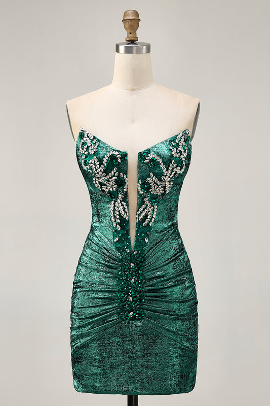 Sparkly Grey Green Tight Strapless Short Homecoming Dress with Beading