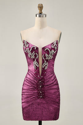 Sparkly Wine Tight Strapless Metallic Short Homecoming Dress with Beading