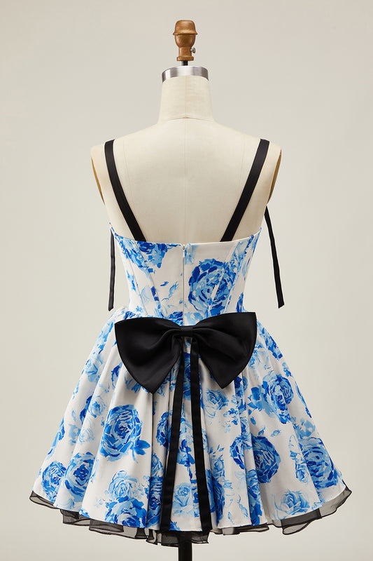 White Blue Corset Floral A Line Short Homecoming Dress with Bow