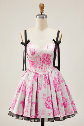 White Fuchsia A Line Corset Floral Short Homecoming Dress with Bow