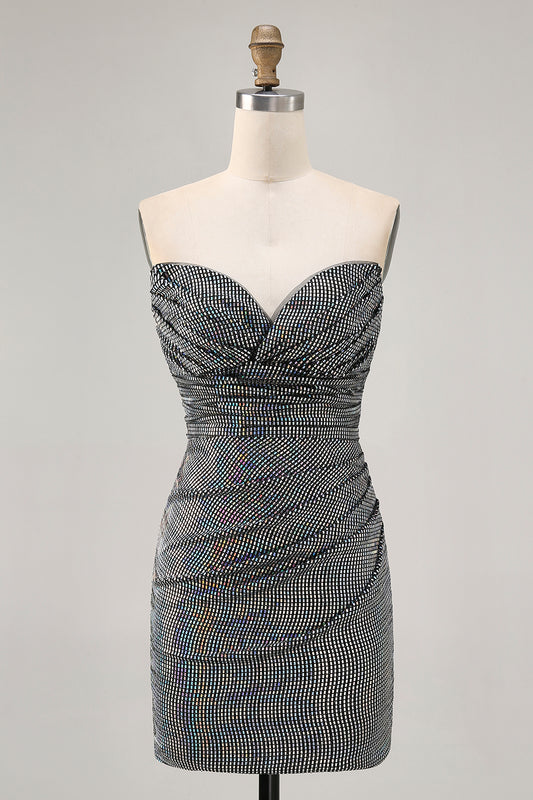 Sparkly Black Sequin Strapless Ruched Tight Short Homecoming Dress