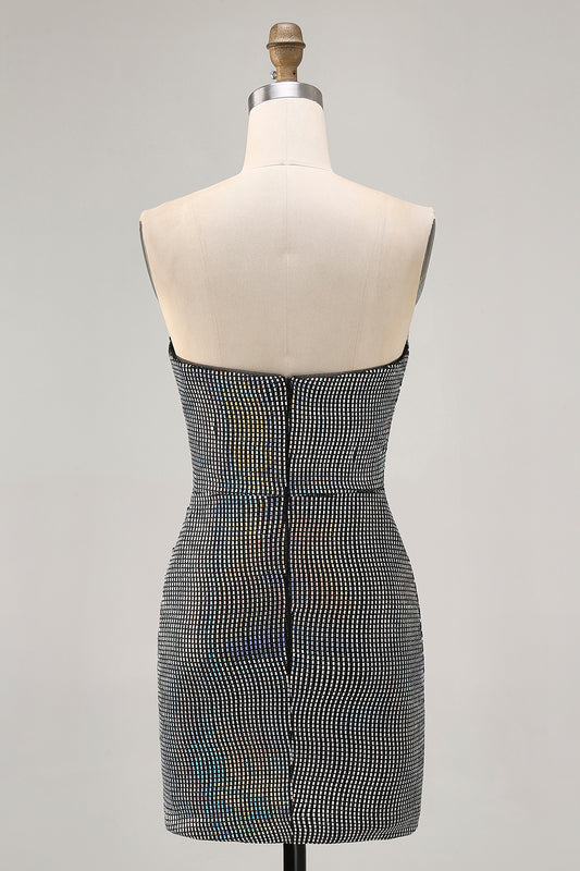 Sparkly Black Sequin Strapless Ruched Tight Short Homecoming Dress