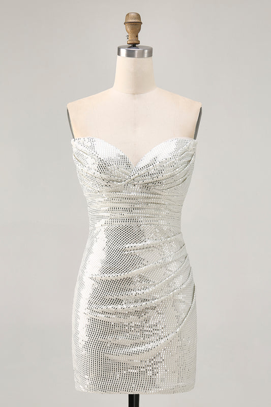 Sparkly White Silver Strapless Sequin Ruched Tight Short Homecoming Dress