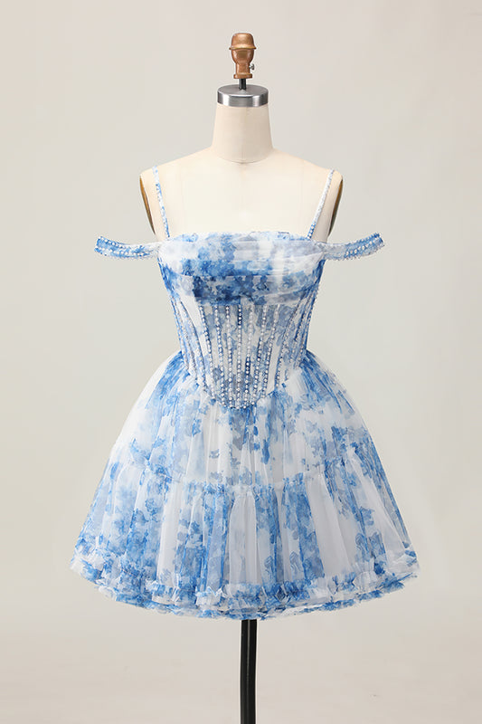 White Blue Flower Corset A Line Cold Shoulder Short Homecoming Dress