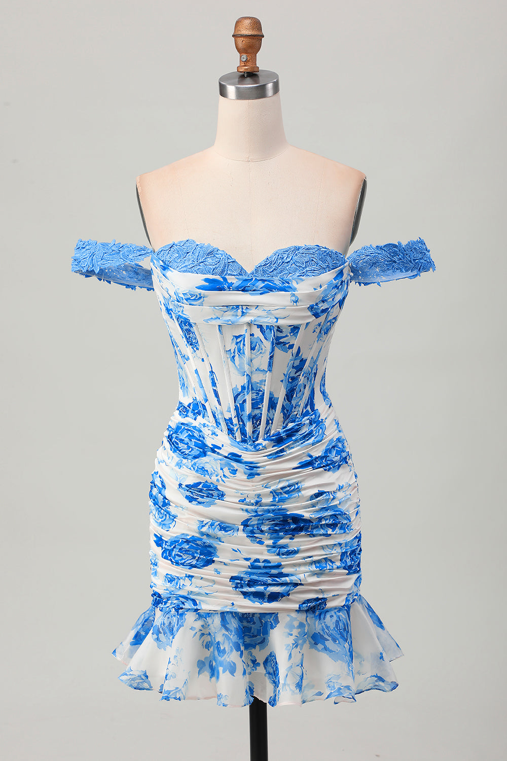 Zapakasa Women White and Blue Floral Corset Tight Short Homecoming Dress Off the Shoulder Ruched Ruffled Lace Up Back Cocktail Dress with Appliques Zapakasa Women White and Blue Floral Corset Tight Short Homecoming Dress Off the Shoulder Ruched Ruffled Lace Up Back Cocktail Dress with Appliques