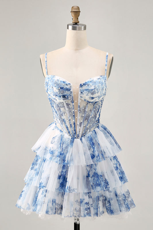 White and Blue Floral Ruffled Short Corset Homecoming Dress with Pearls