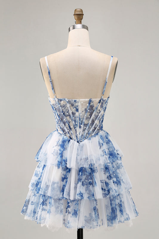 White and Blue Floral Ruffled Short Corset Homecoming Dress with Pearls