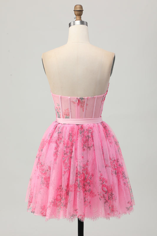 Pink Floral Corset Strapless Short Homecoming Dress with Bow