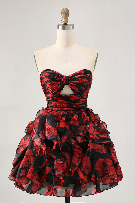 Black and Red Sweetheart Floral Cut Out Short Homecoming Dress with Ruffles