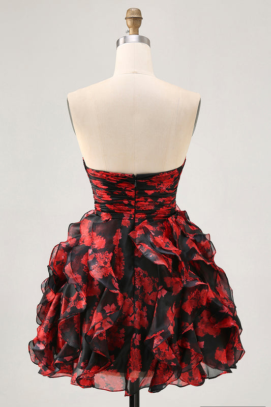 Black and Red Sweetheart Floral Cut Out Short Homecoming Dress with Ruffles