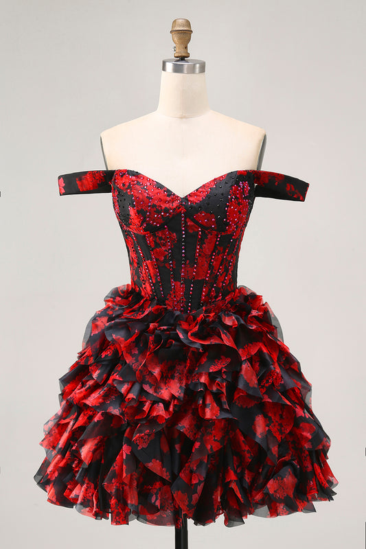 Sparkly Black and Red Floral Short Corset Homecoming Dress with Beading