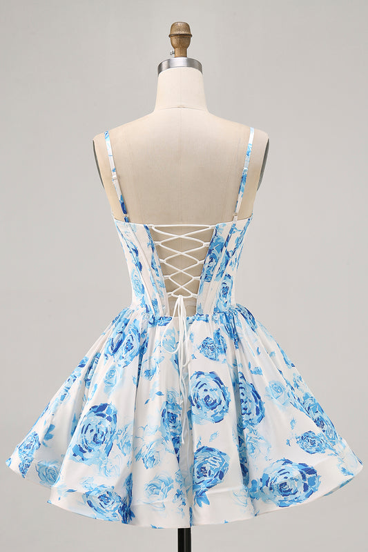 White and Blue Satin Floral Ruched Short Corset Homecoming Dress