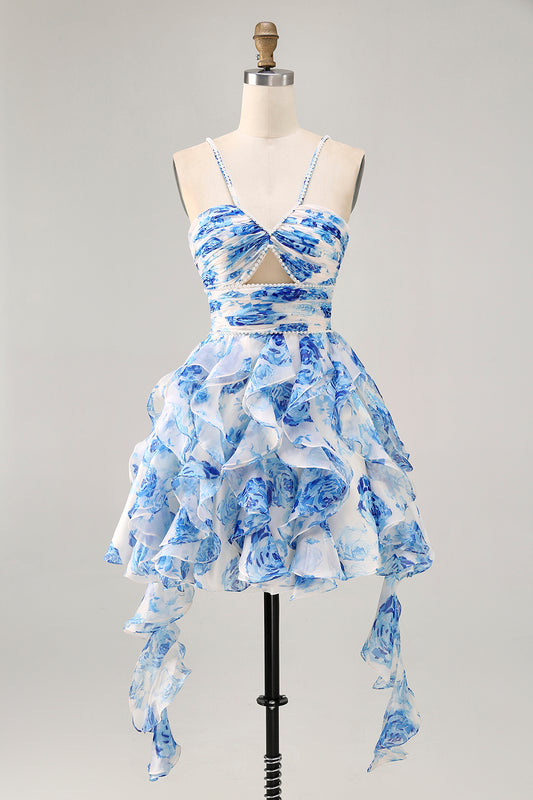 White and Blue Floral Ruffled Ruched Short Homecoming Dress with Pearls