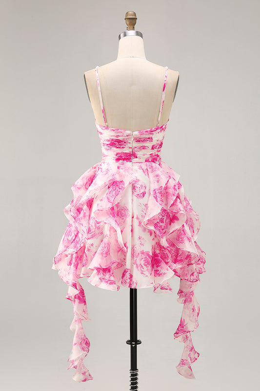 White and Fuchsia Ruffled Ruched Short Floral Homecoming Dress with Pearls