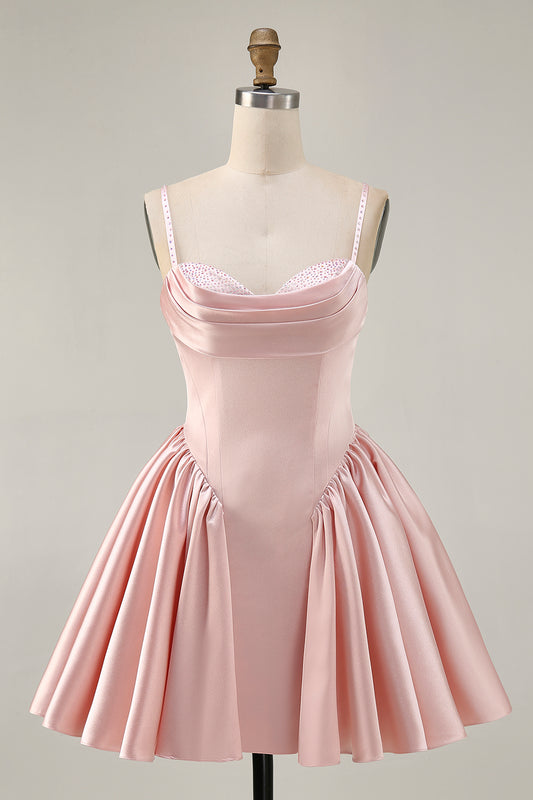 Sparkly Blush Satin A Line Short Homecoming Dress with Beading