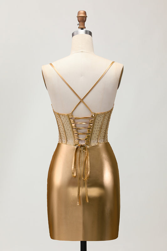 Sparkly Golden Metallic Corset Ruched Tight Short Homecoming Dress with Beading