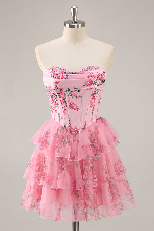 Pink Floral Corset Short Homecoming Dress with Ruffles Ruched Tiered Sweetheart A Line Cocktail Dress