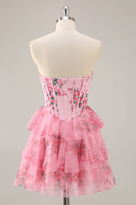 Pink Floral Sweetheart Corset Tiered Short Homecoming Dress with Ruffles