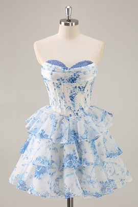 White and Blue Floral Corset Short Homecoming Dress with Ruffles Ruched Tiered Sweetheart A Line Cocktail Dress