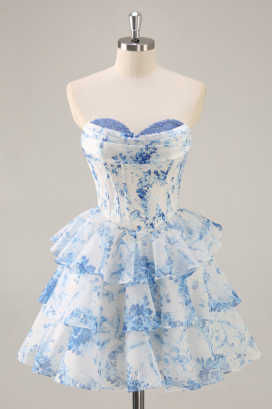 White and Blue Floral Corset Short Homecoming Dress with Ruffles Ruched Tiered Sweetheart A Line Cocktail Dress