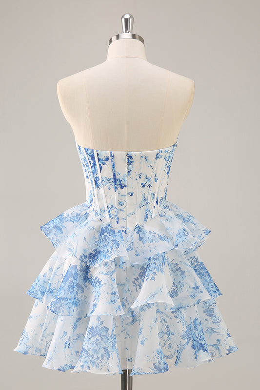 White and Blue Floral Sweetheart Corset Short Homecoming Dress with Ruffles