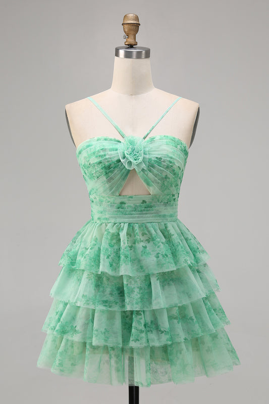 Green A Line Spaghetti Straps Short Tiered Homecoming Dress with Ruffles