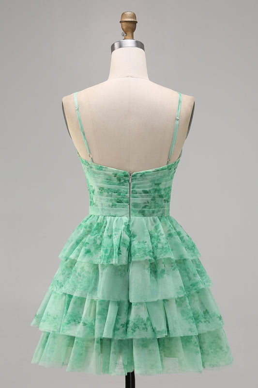 Green A Line Spaghetti Straps Short Tiered Homecoming Dress with Ruffles