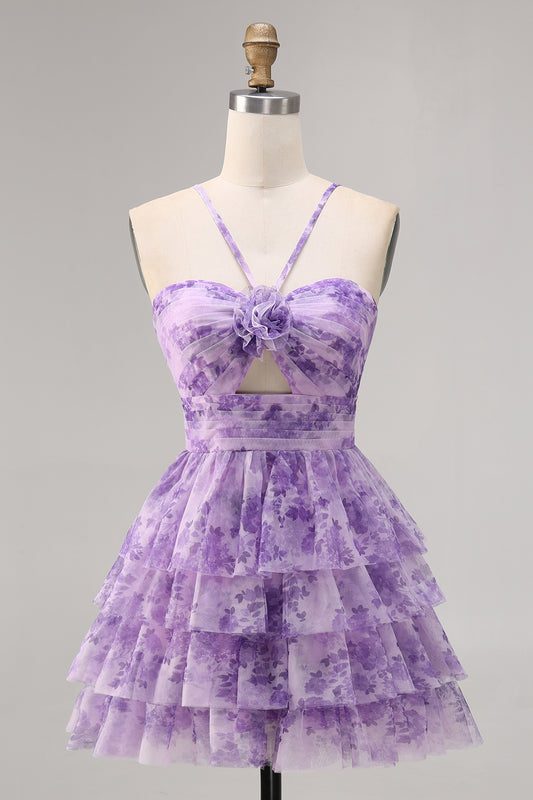 Purple A Line Keyhole Spaghetti Straps Short Homecoming Dress with Ruffles