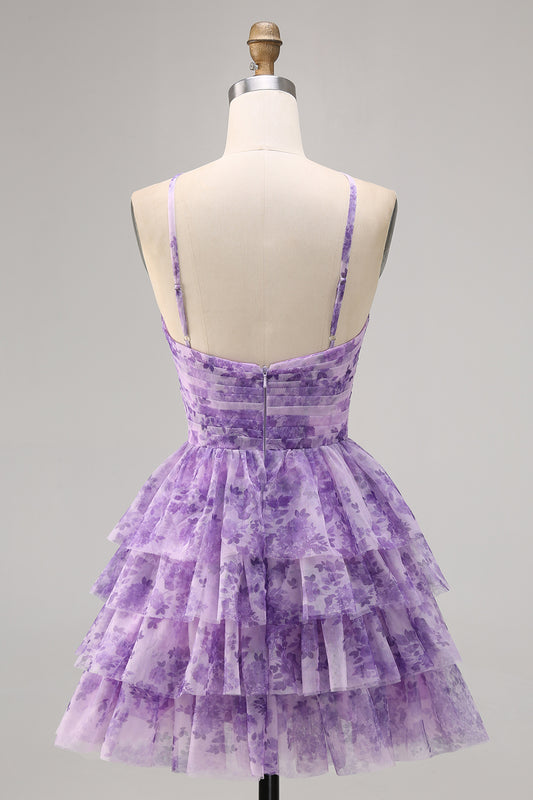 Purple A Line Keyhole Spaghetti Straps Short Homecoming Dress with Ruffles