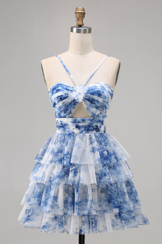 White Blue Flower A Line Short Tiered Homecoming Dress with Ruffles