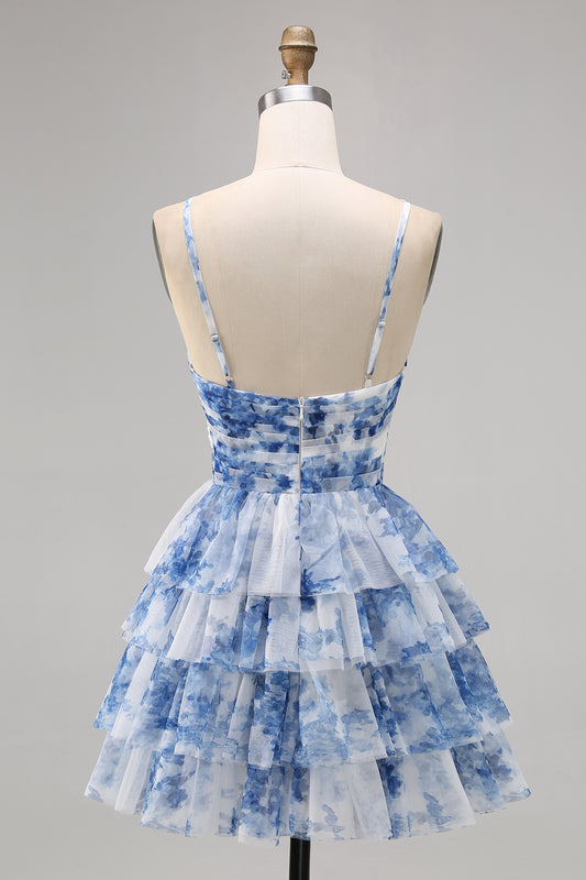 White Blue Flower A Line Short Tiered Homecoming Dress with Ruffles
